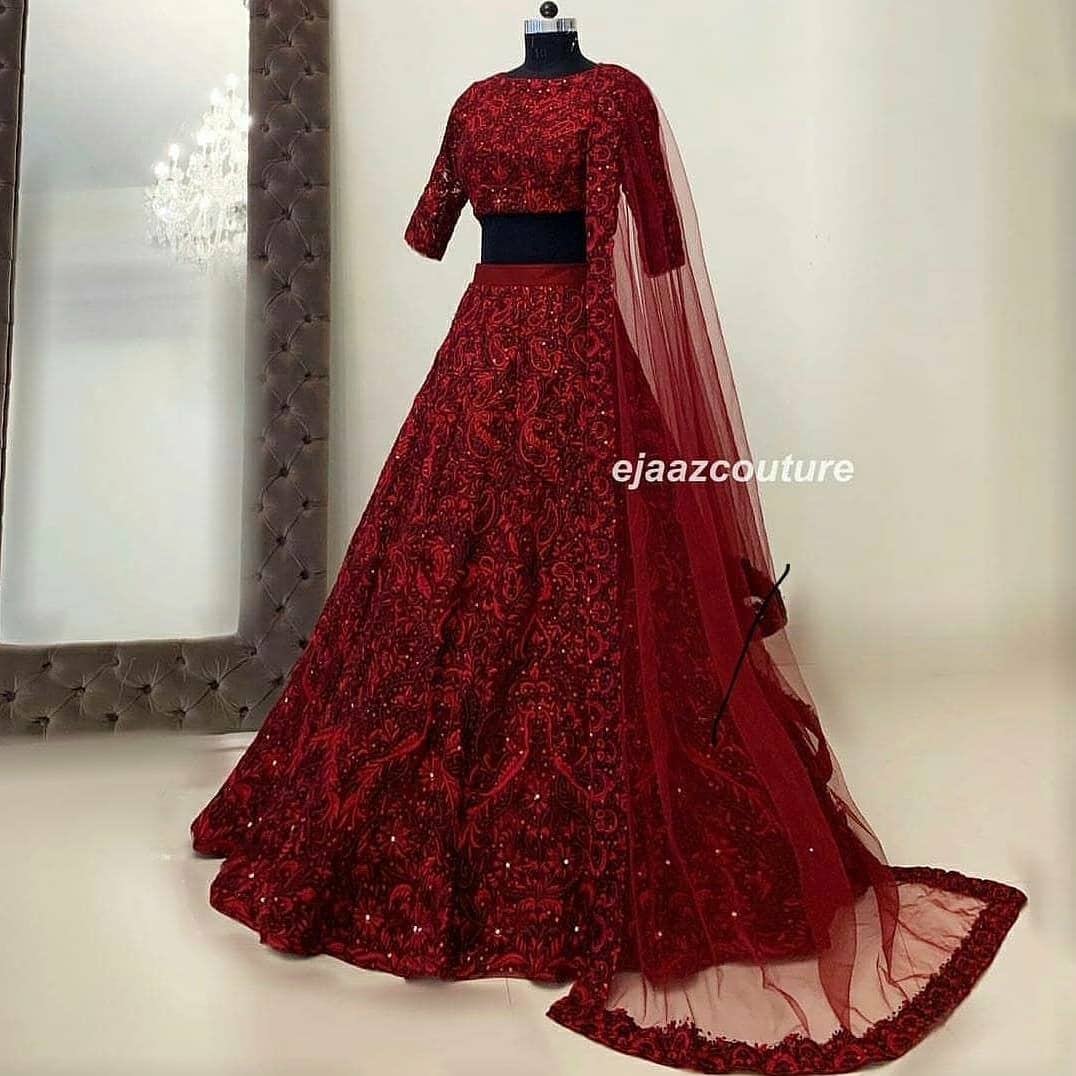 red color heavy net designer lehenga choli - Joshindia