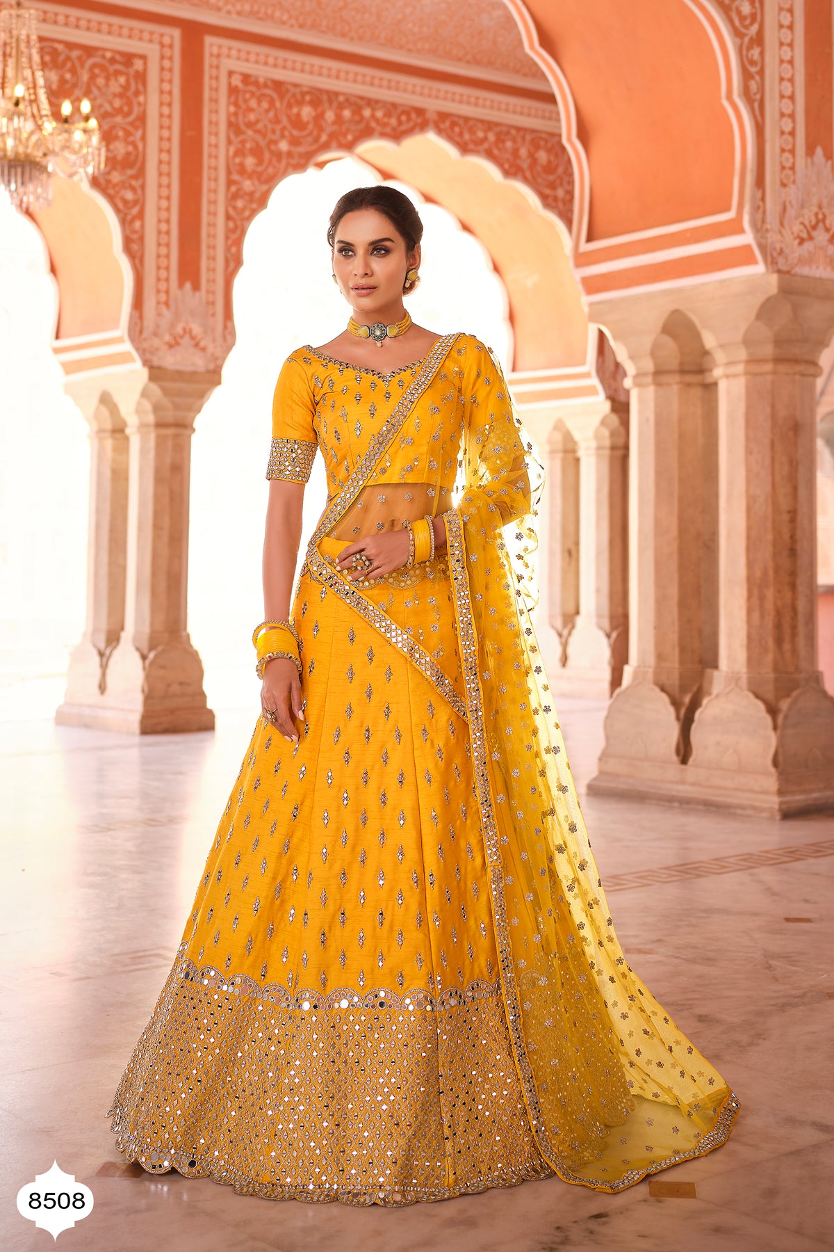 Buy latest Yellow color designer mirror work lehenga choli - Joshindia