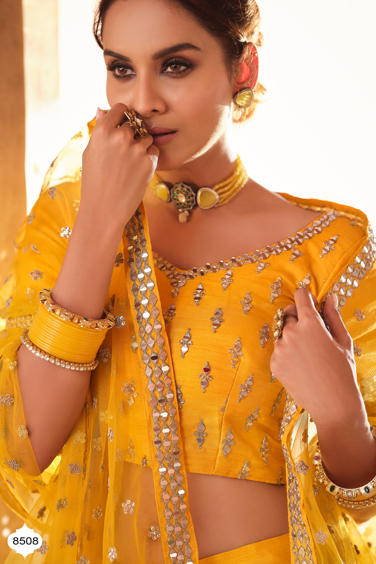 Buy latest Yellow color designer mirror work lehenga choli - Joshindia