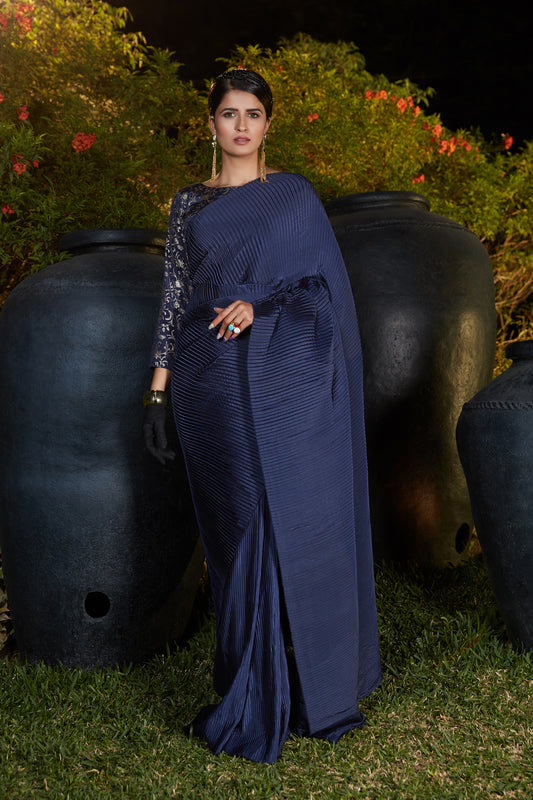Buy Navy Blue color Pleated Saree With Blouse online