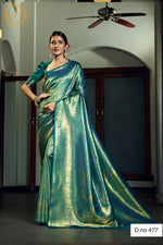 Teal blue Kanjivaram Saree - Joshindia