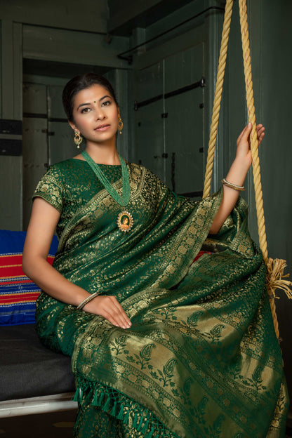 printed green silk saree