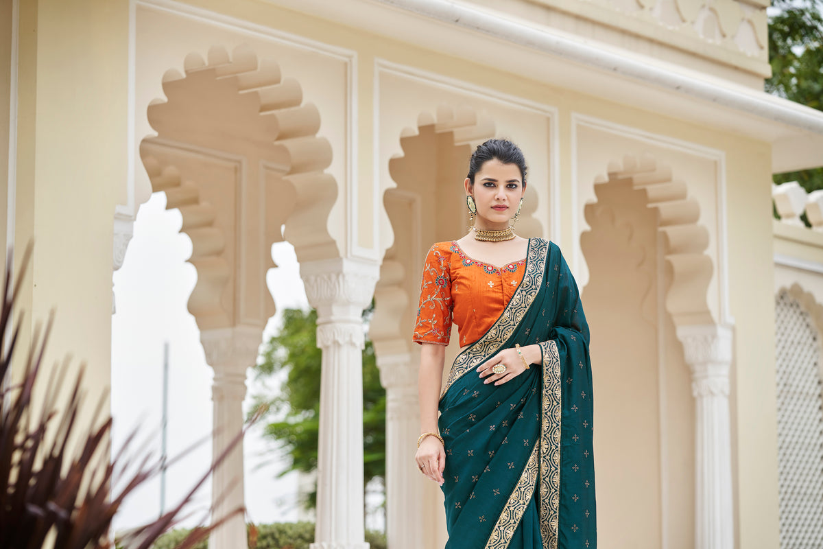 Amazing Rama Color Sequence Saree For Wedding Look - Joshindia