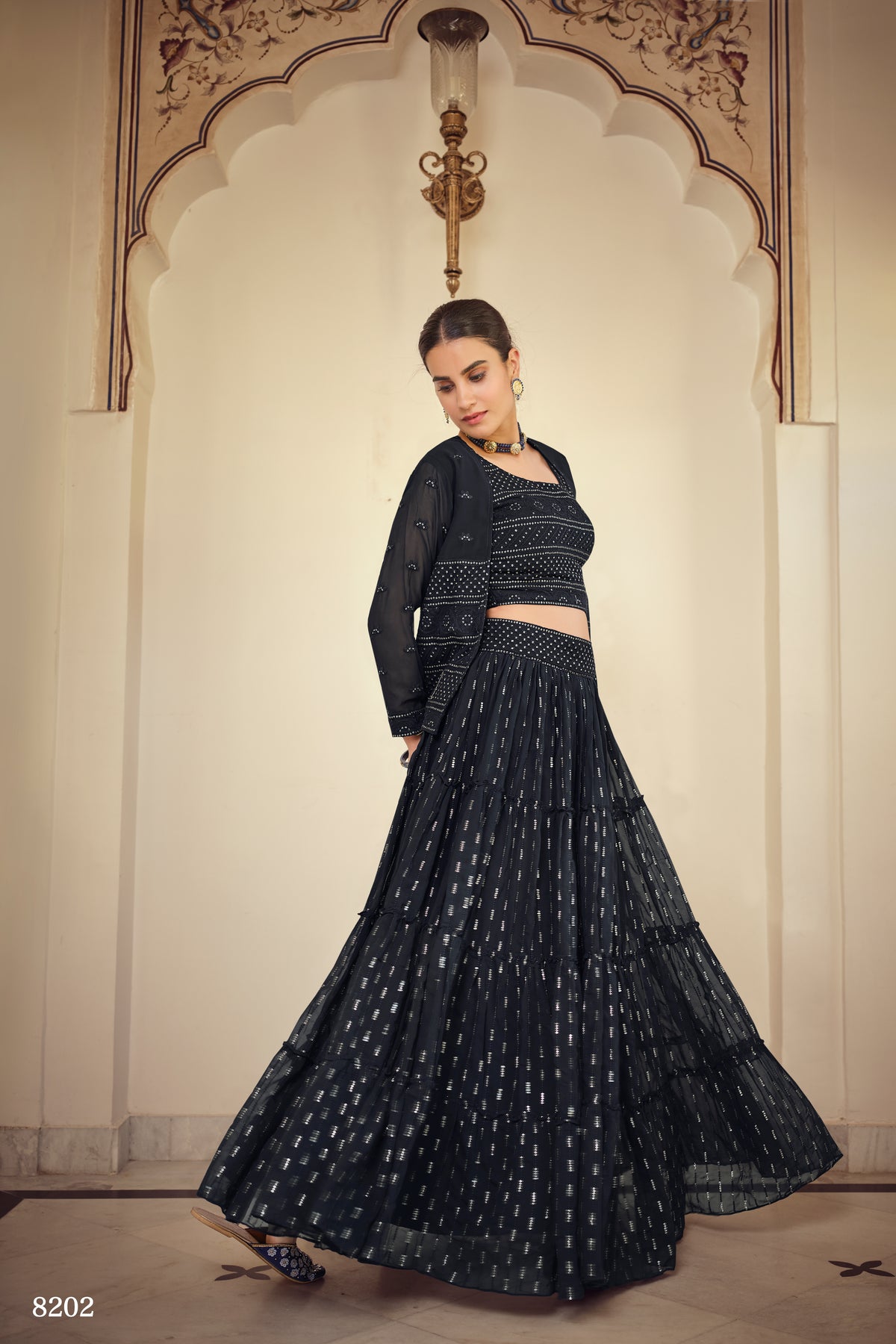 Navy Blue Georgette Crop Top Lehenga With Jacket - Joshindia