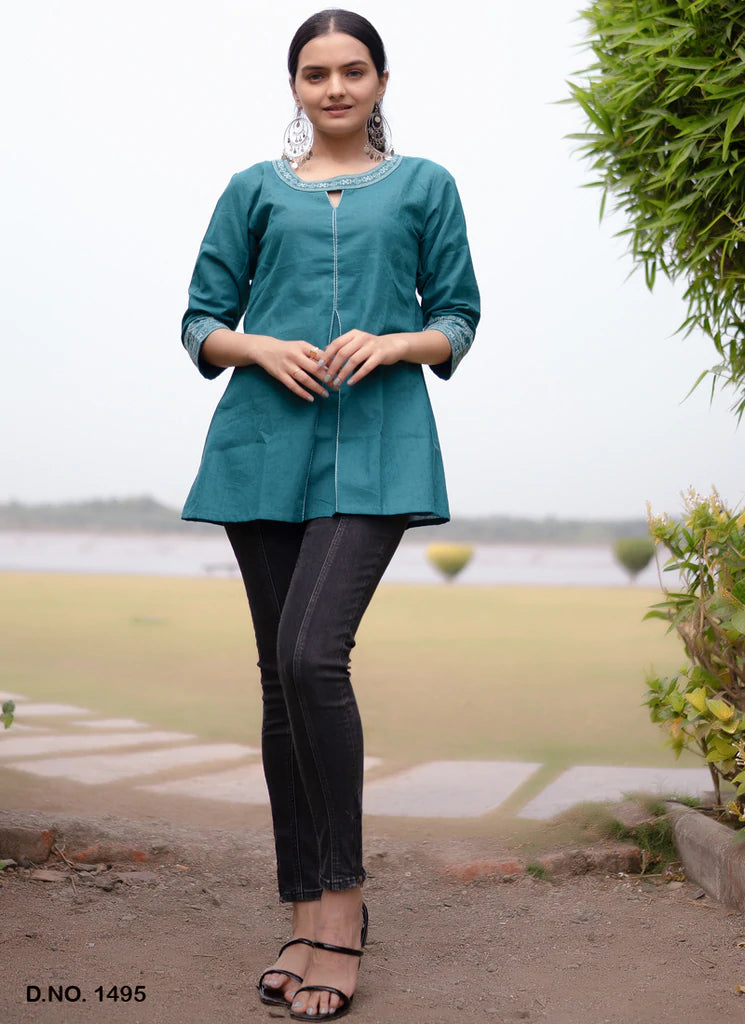 Best Designer Round Neck Embroidered Cotton Top - Joshindia