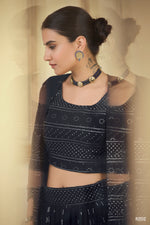 Navy Blue Georgette Crop Top Lehenga With Jacket - Joshindia