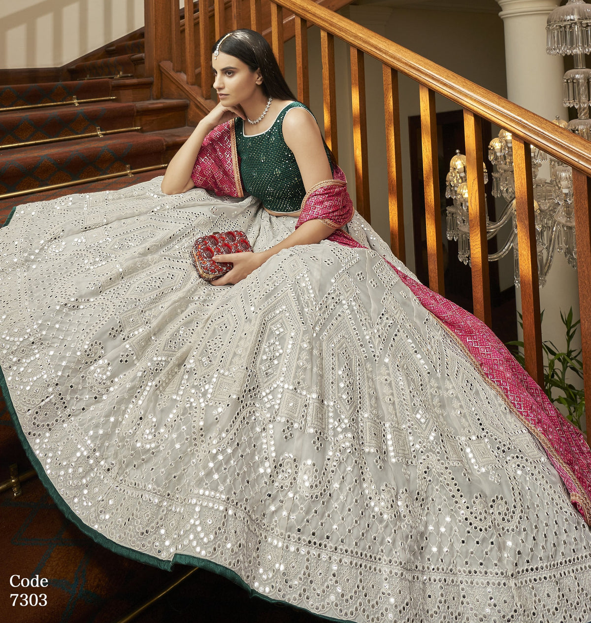 Trending white and green lehanga choli for festive look at affordable price - Joshindia