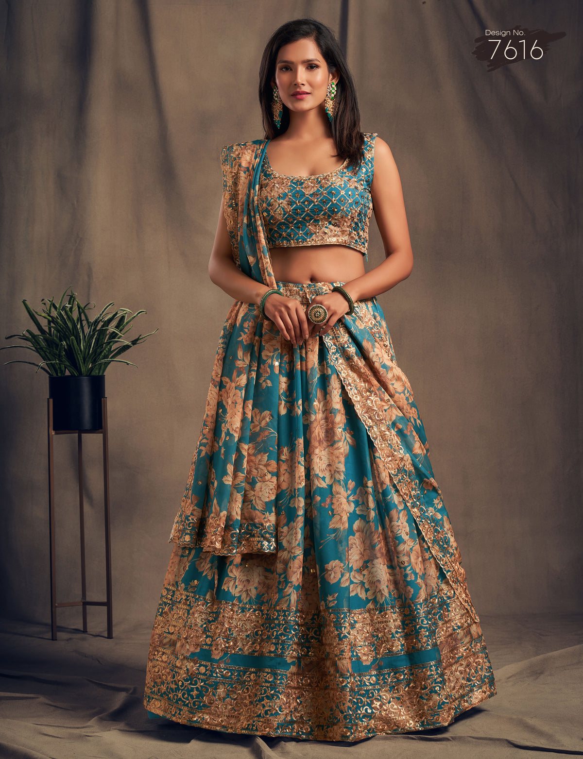 Teal blue floral lehenga - Joshindia