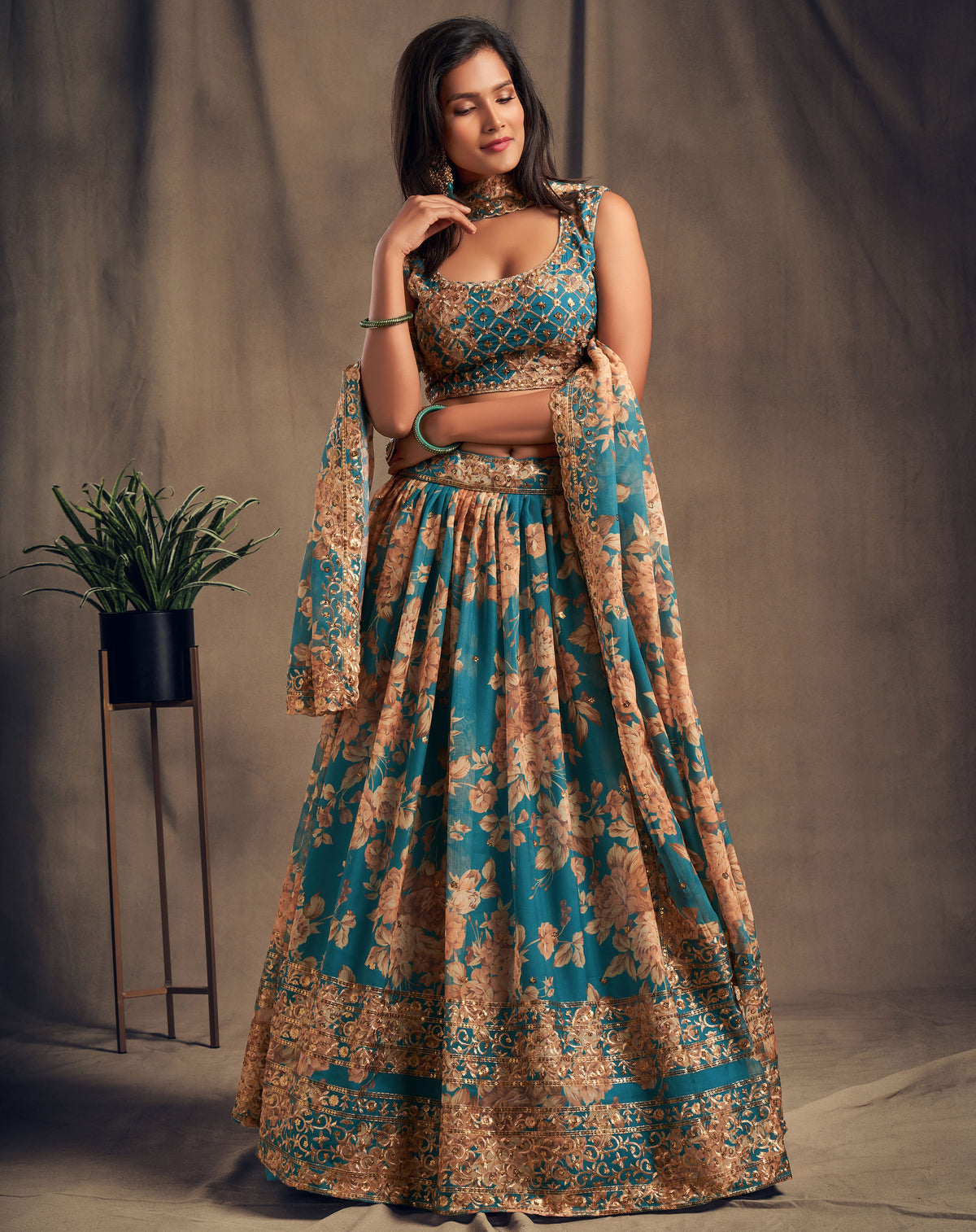 Teal blue floral lehenga - Joshindia