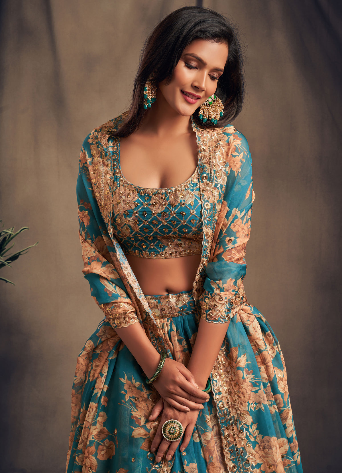 Teal blue floral lehenga - Joshindia