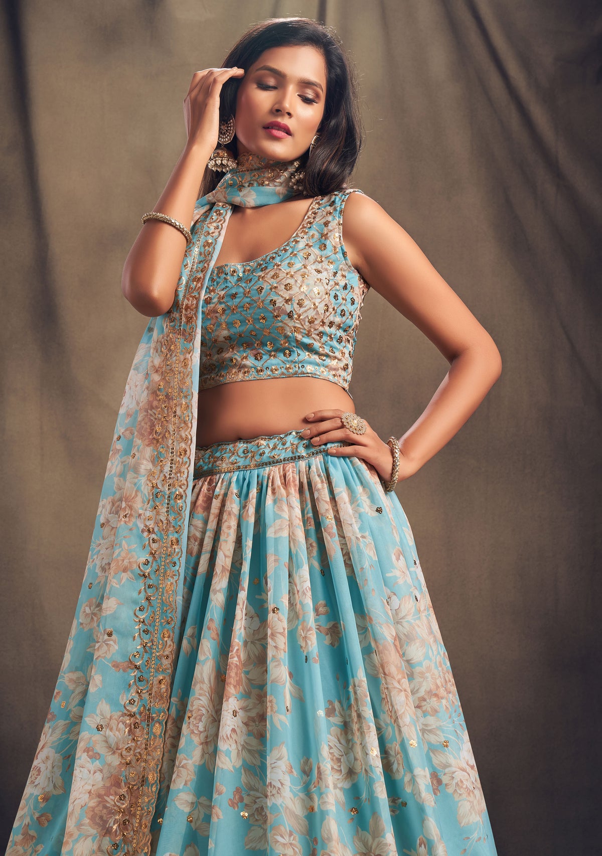 Sky blue floral printed designer lehenga choli - Joshindia