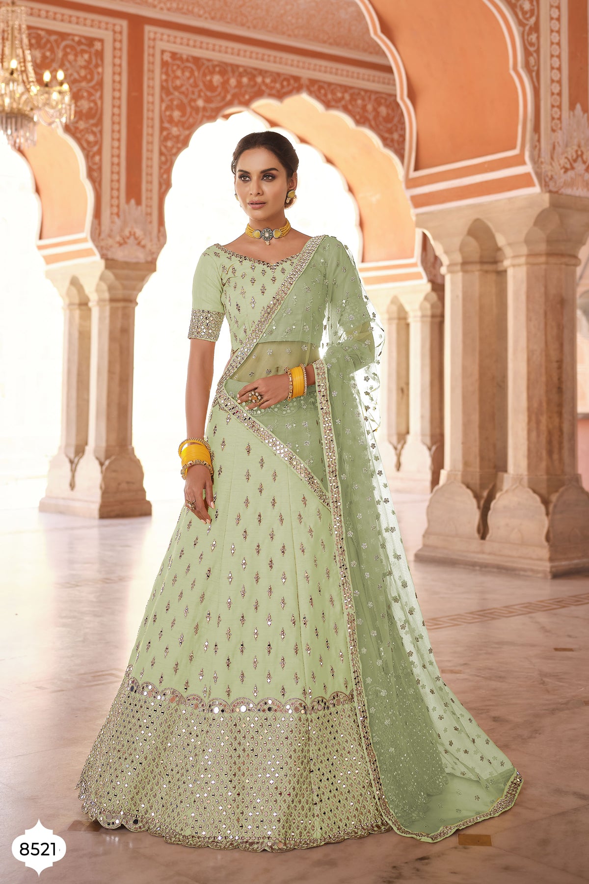 Stylish Pastel Green Color Mirror Work Lehenga Choli For Rich Look - Joshindia