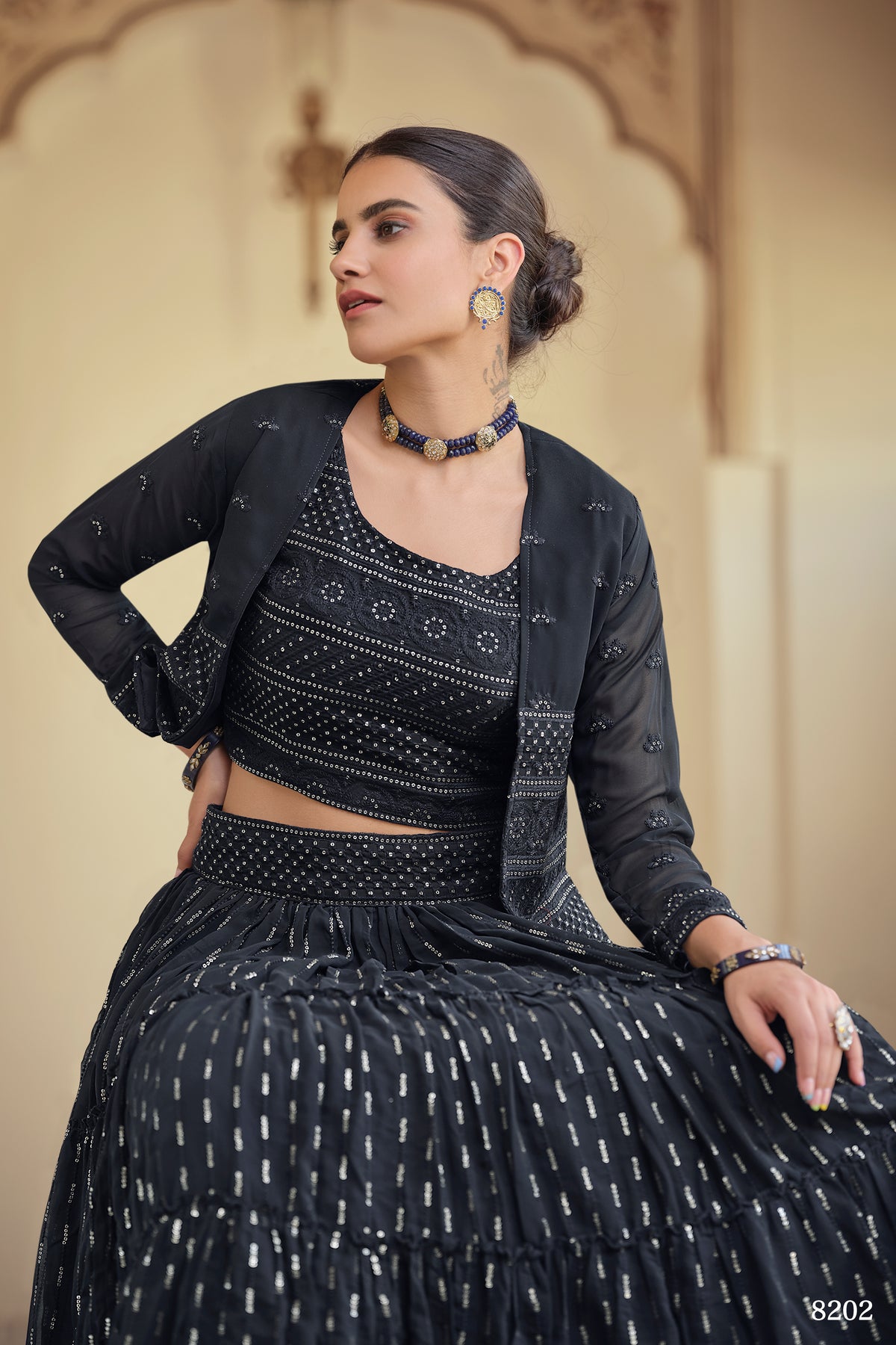 Navy Blue Georgette Crop Top Lehenga With Jacket - Joshindia