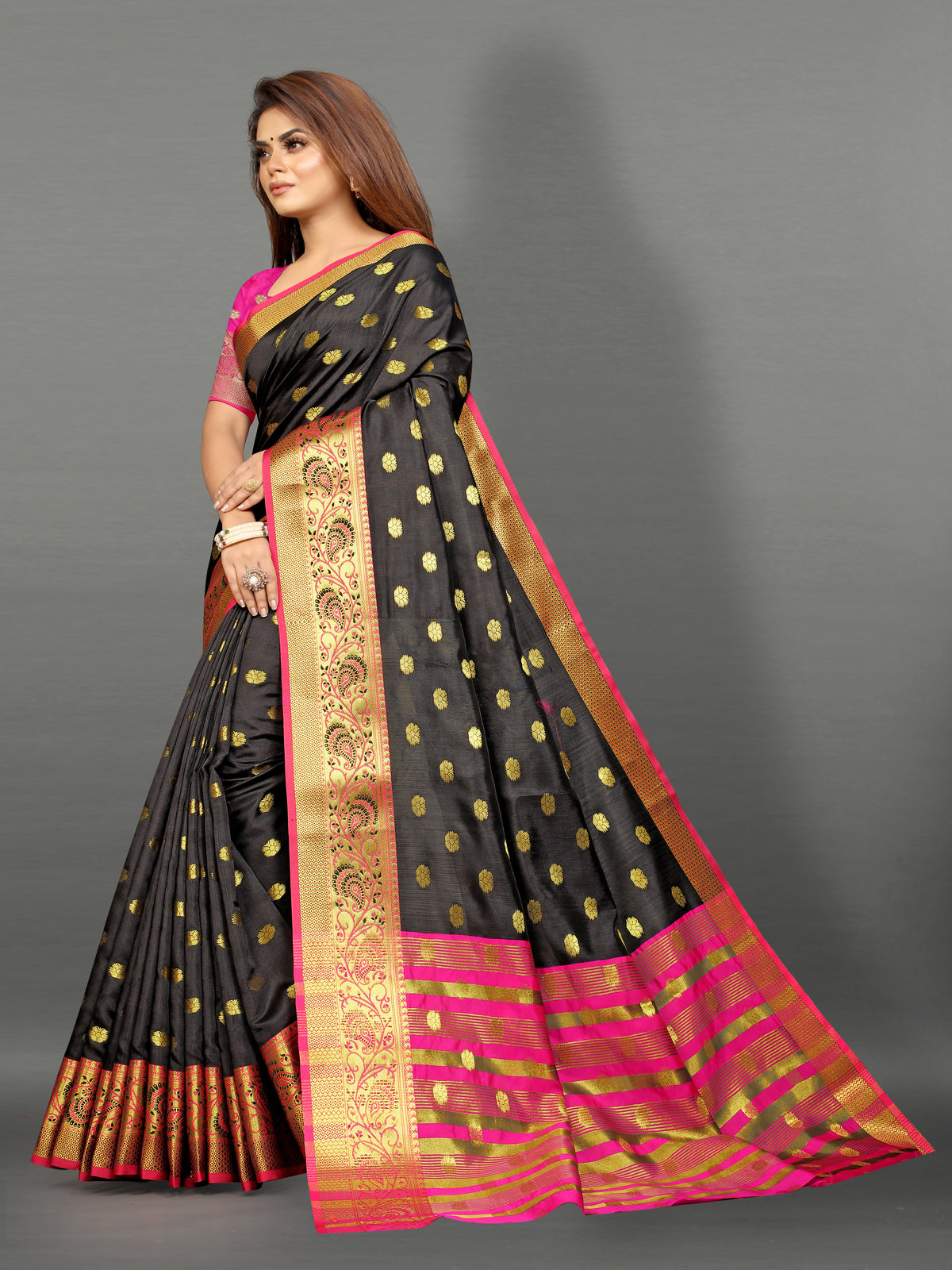 Pink and Black color banarasi silk saree - Joshindia