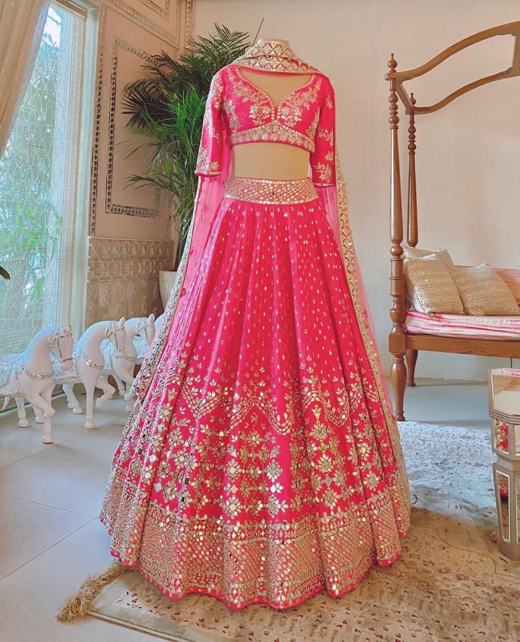 Buy pink color mirror work lehenga choli at affordable price - Joshindia