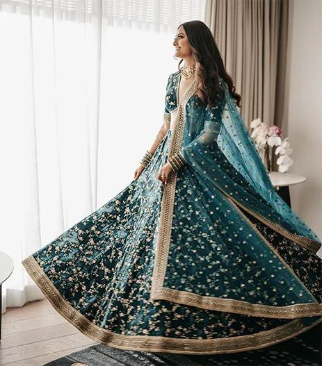 Turcoish Blue Color Heavy Bridal Lehenga For Wedding Reception - Joshindia