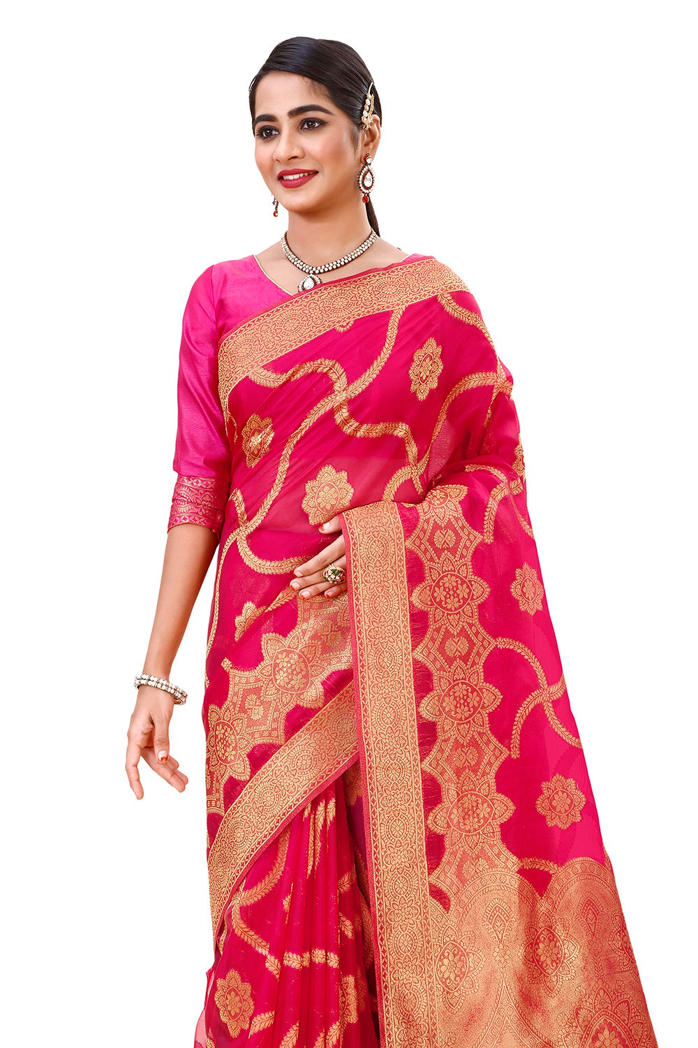 Buy trending designer Rani Pink Color Silk saree at best price online - Joshindia