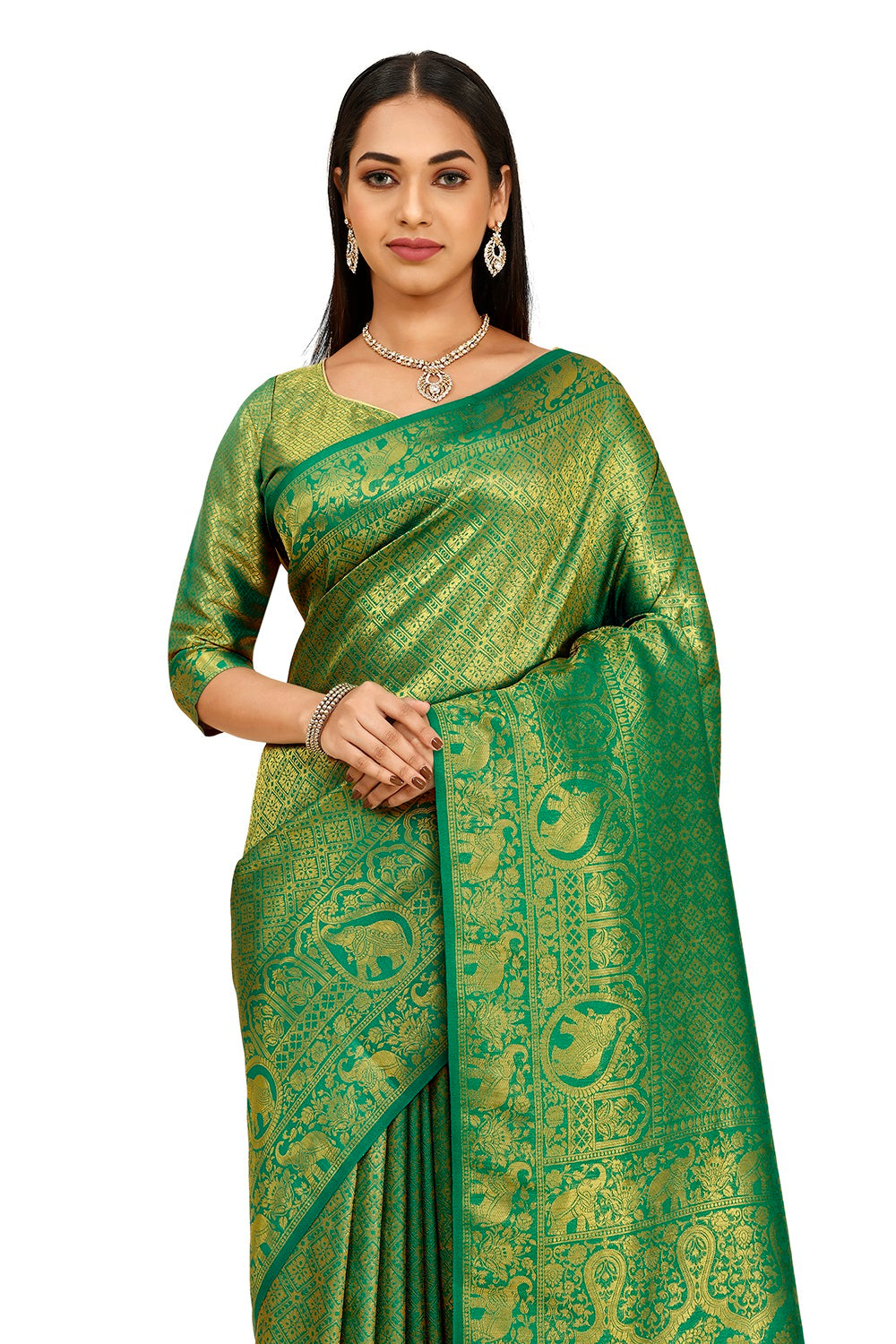 Green color banarasi silk saree buy now - Joshindia