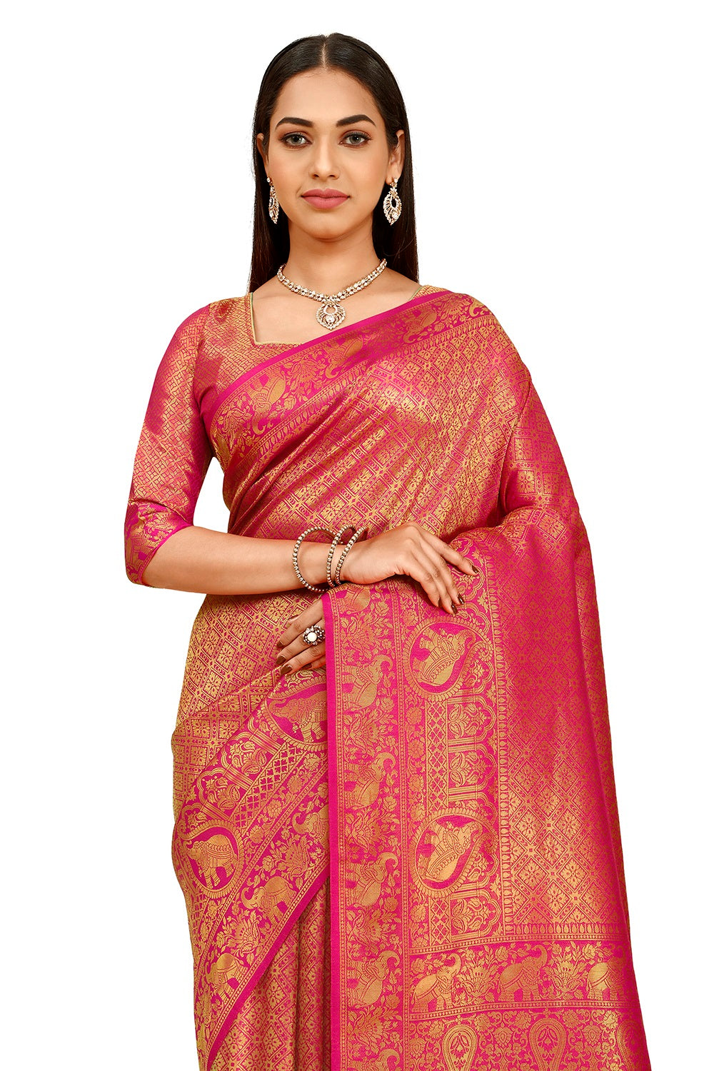 pink color banarasi silk saree buy now - Joshindia