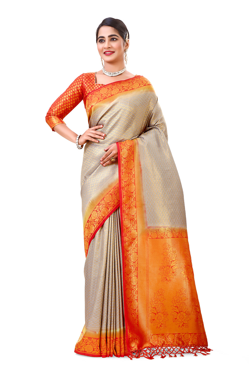 Beautiful Orange & Gray color Kanjivaram silk saree at affordable ...