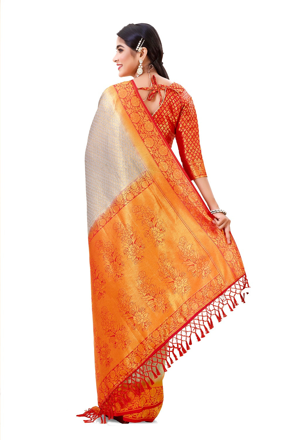 Beautiful Orange & Gray color Kanjivaram silk saree at affordable price - Joshindia