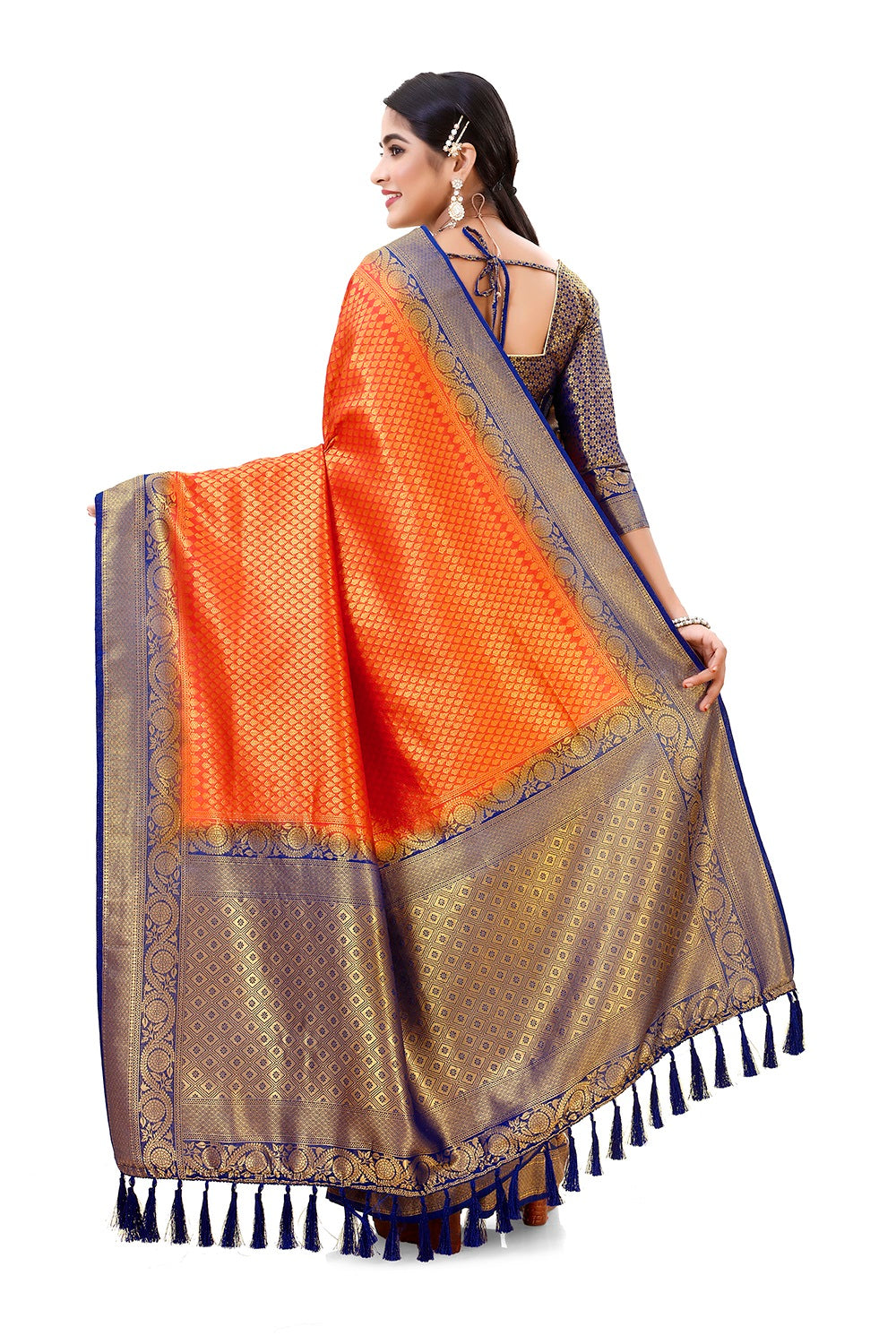 Gray and Orange color Kanjivarm silk saree - Joshindia