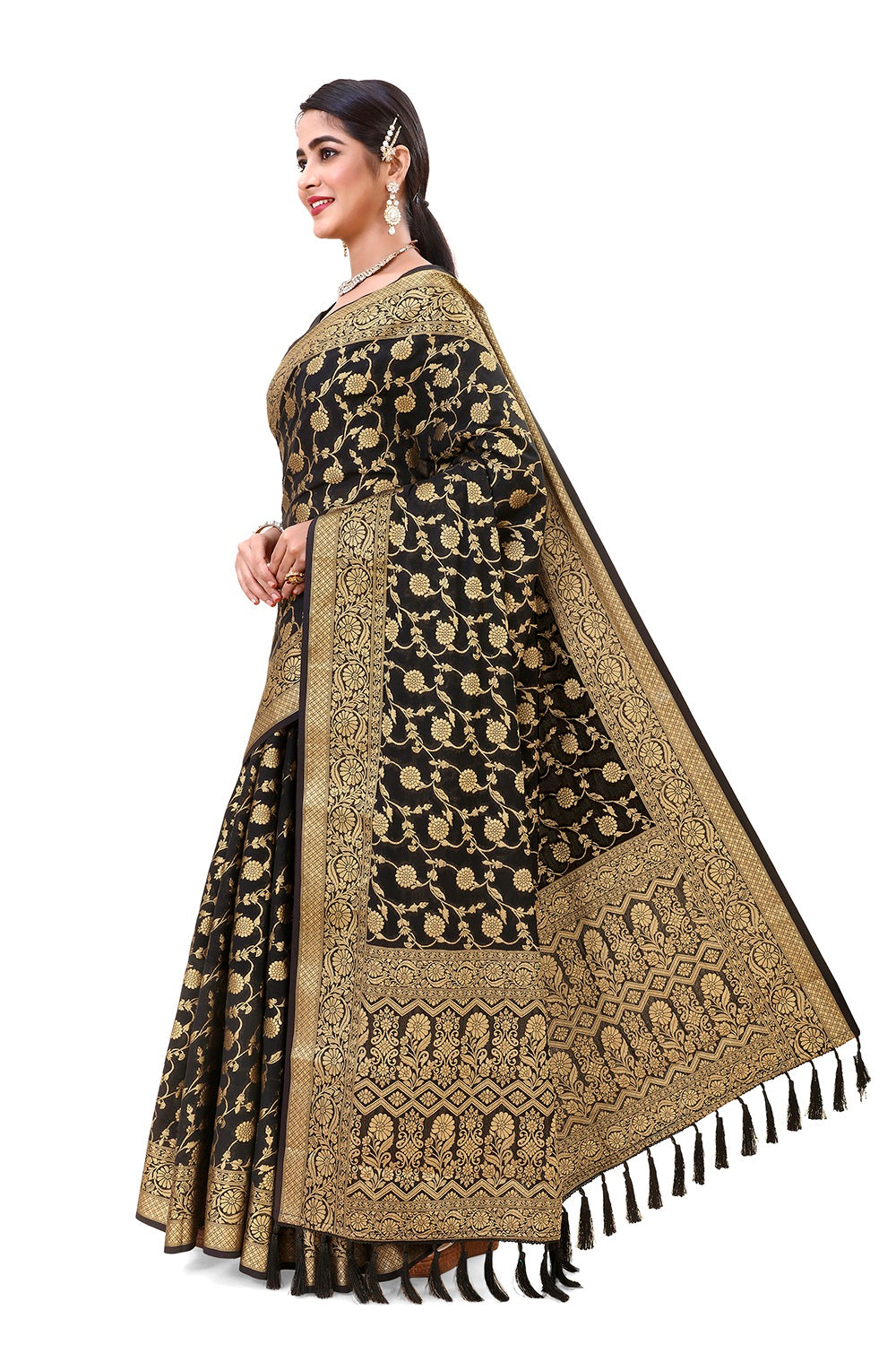 Black color Kanjivaram silk saree Buy Online - Joshindia