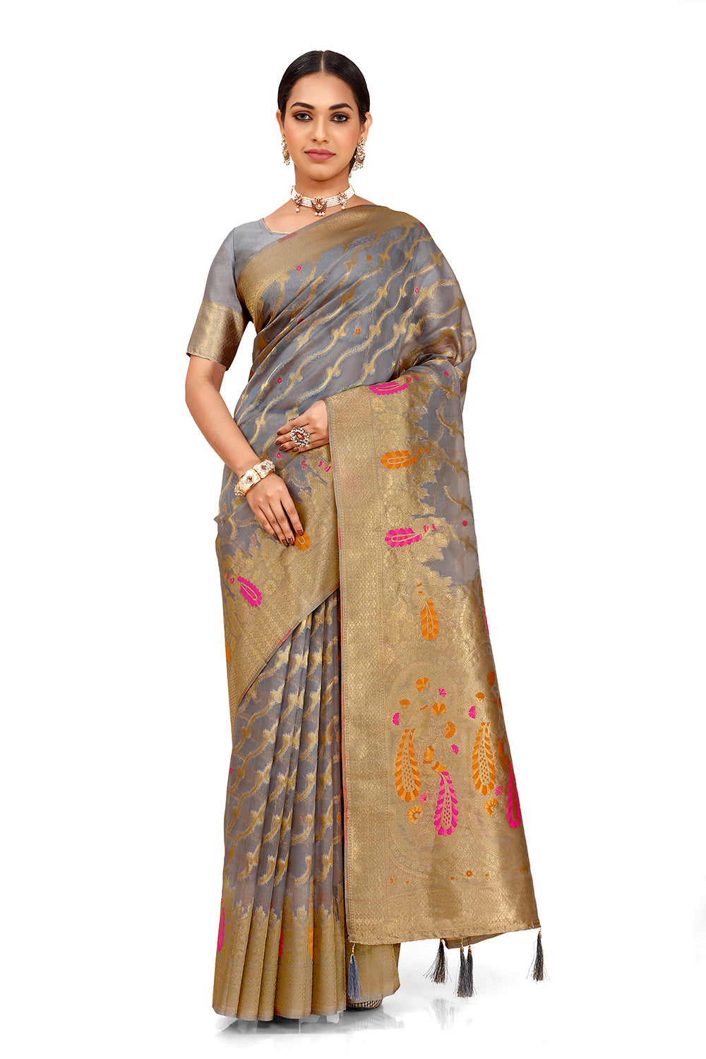 Golden and grey color banarasi silk saree - Joshindia