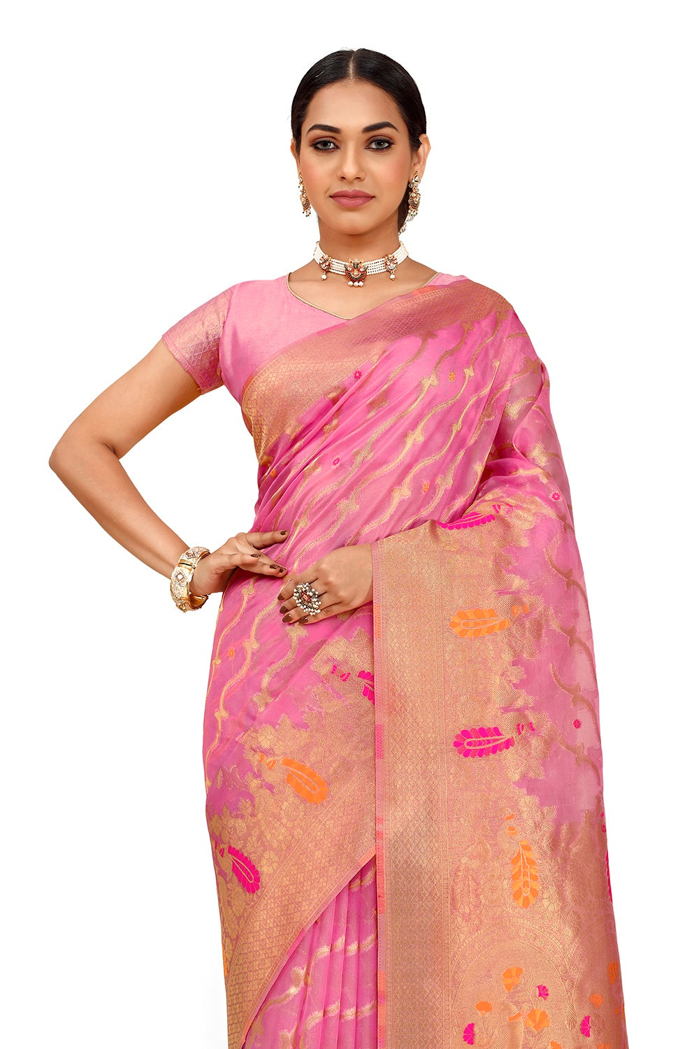 Pink and Golden color banarasi silk saree - Joshindia