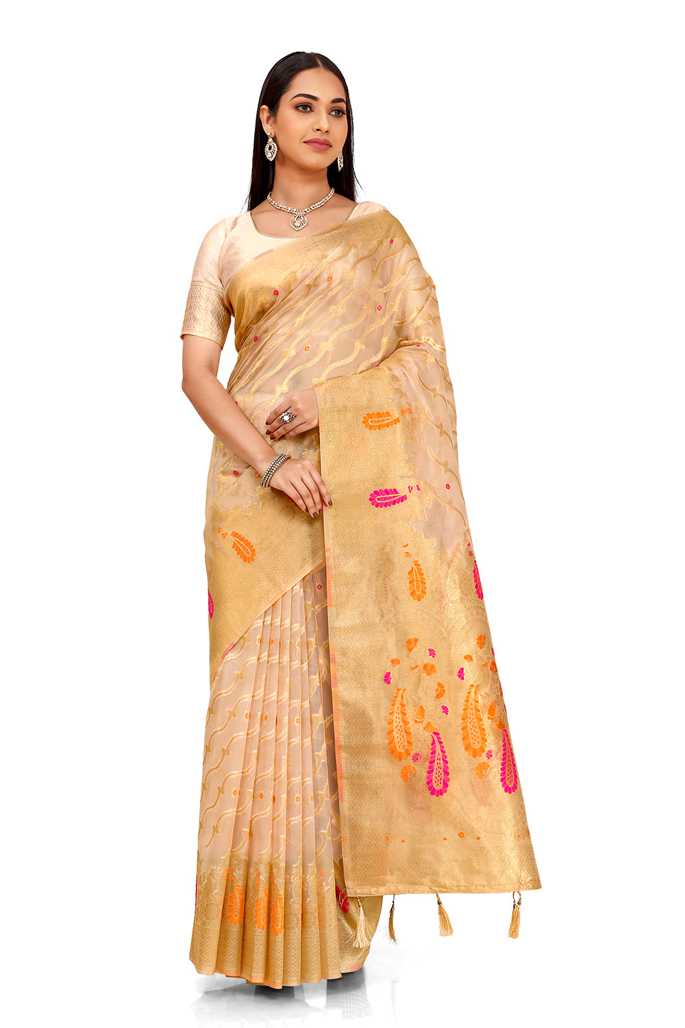 classy Beige color silk designer saree with blouse - Joshindia
