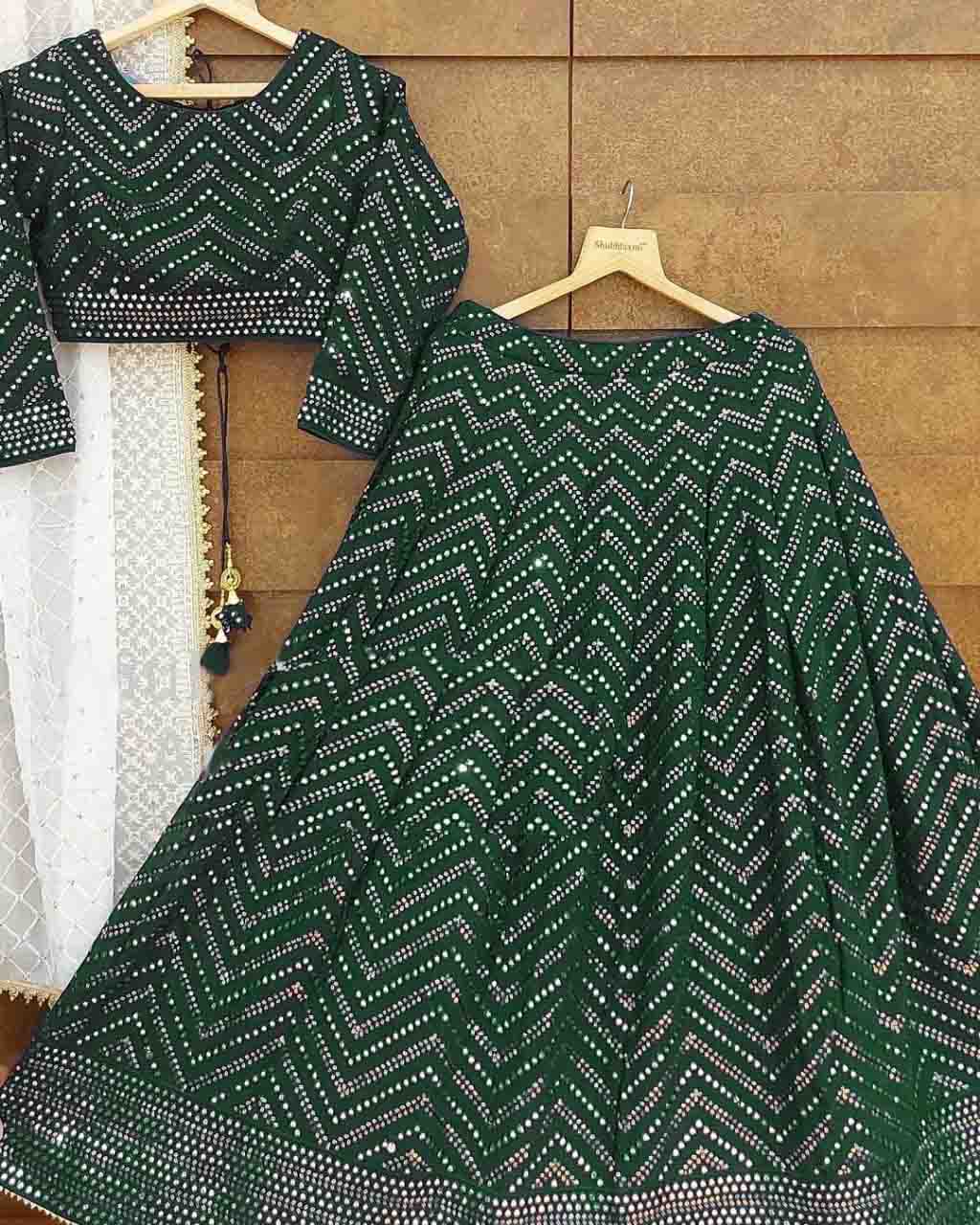 Green Color Designer Mirror work Lehenga Choli for Wedding and reception - Joshindia