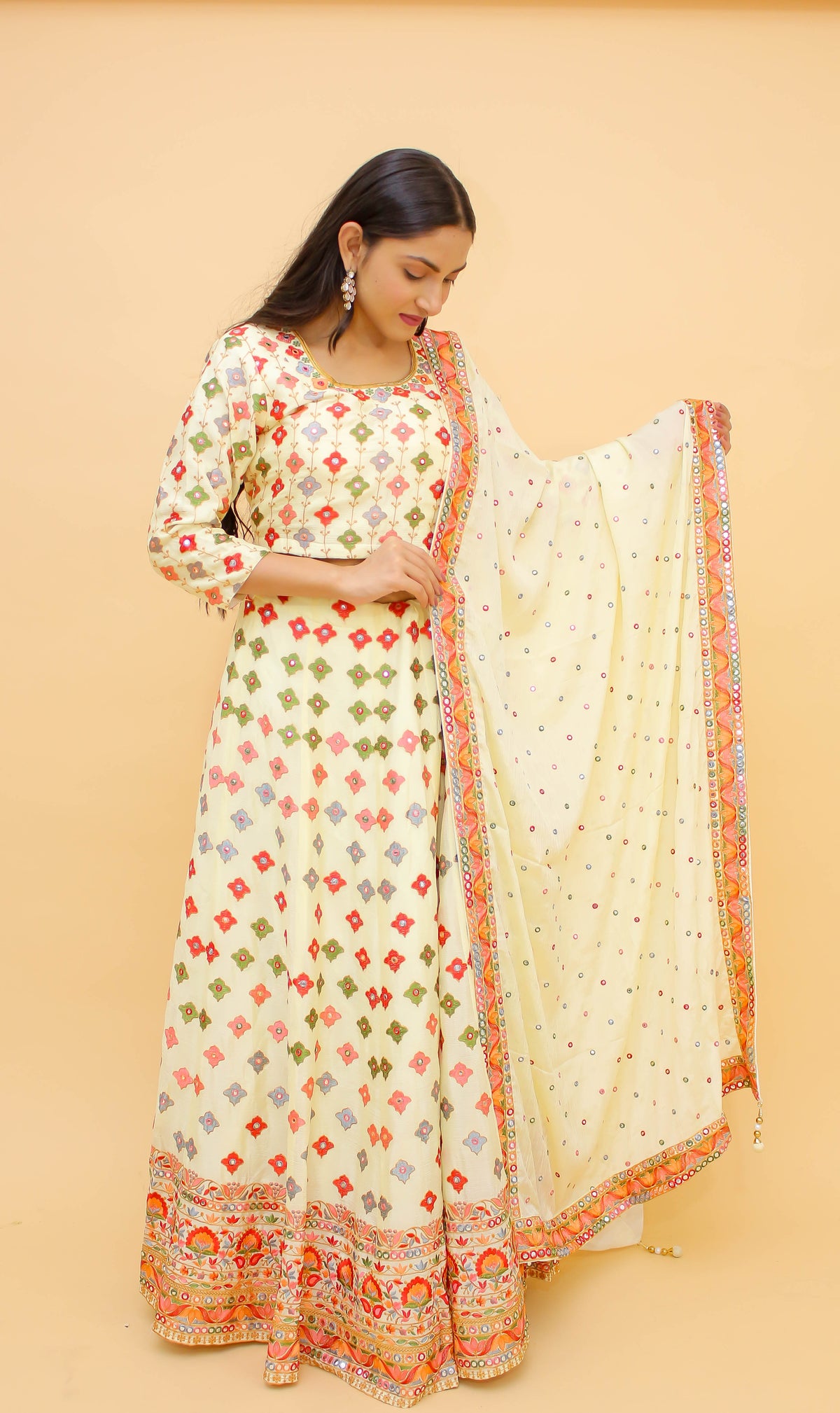 Stunning Cream Color Chinon Lehenga Choli - Joshindia