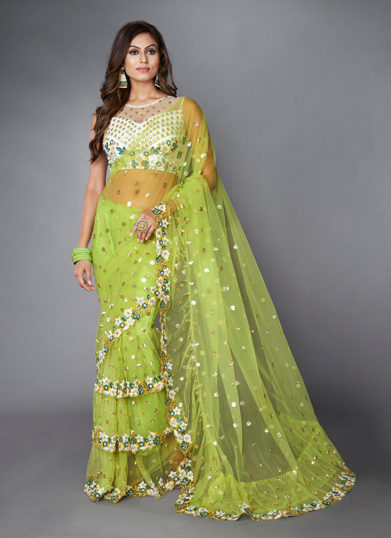 Beautiful Green color soft net ruffle saree for wedding - Joshindia