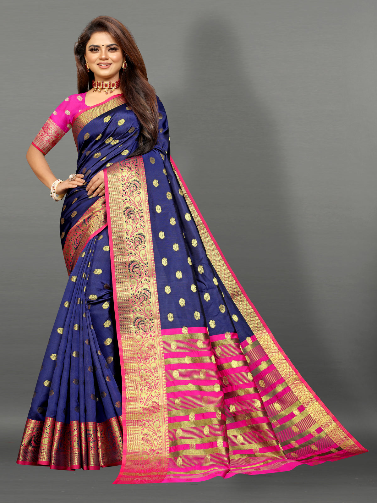Pink and Blue color banarasi silk saree - Joshindia