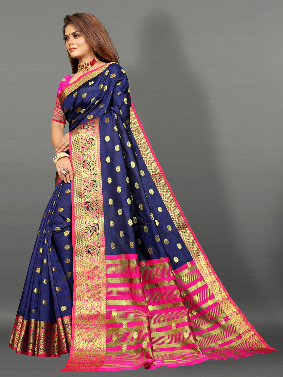Pink and Blue color banarasi silk saree - Joshindia