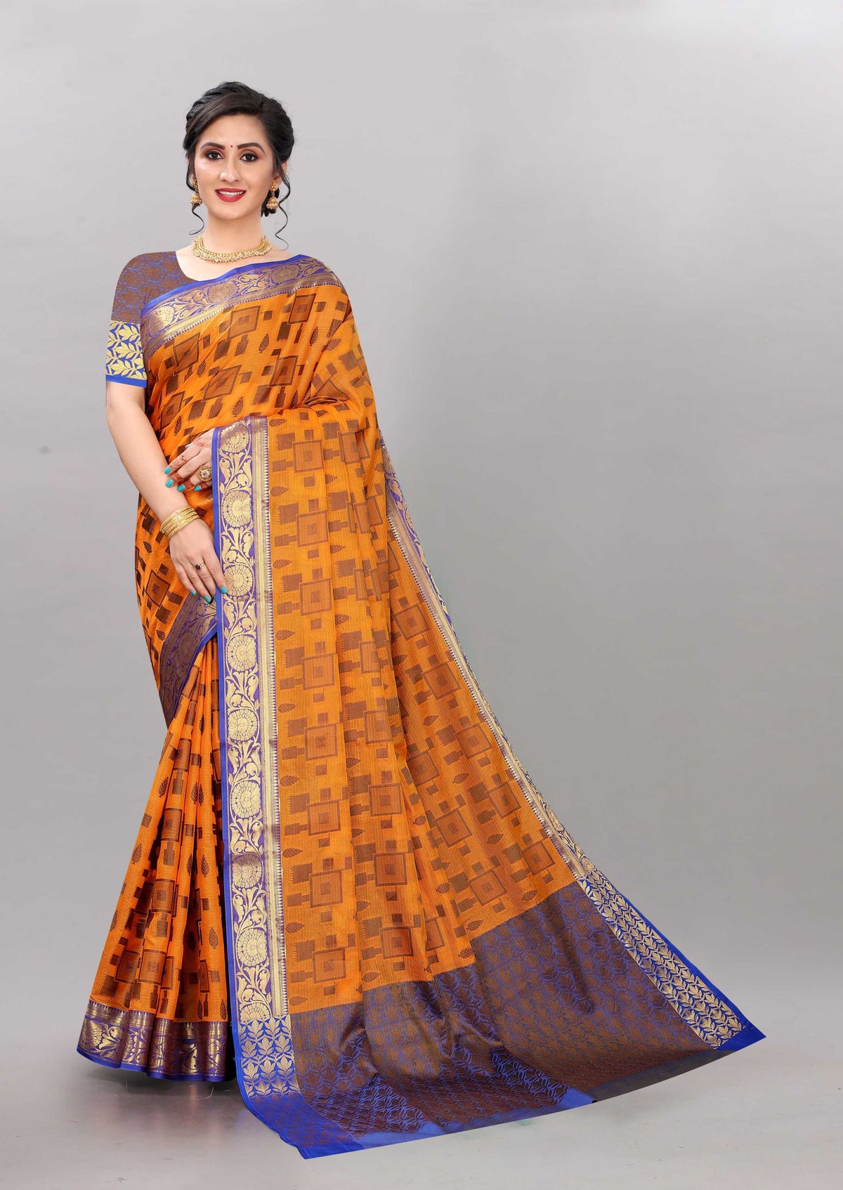 Blue and Light Orange color banarasi silk saree - Joshindia