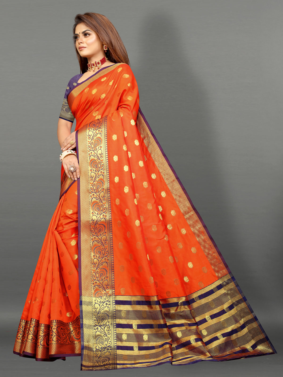 Blue and Orange color banarasi silk saree - Joshindia