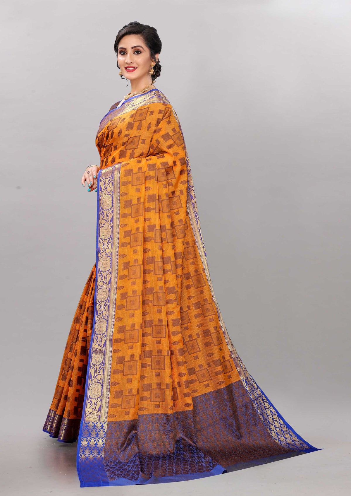 Blue and Light Orange color banarasi silk saree - Joshindia