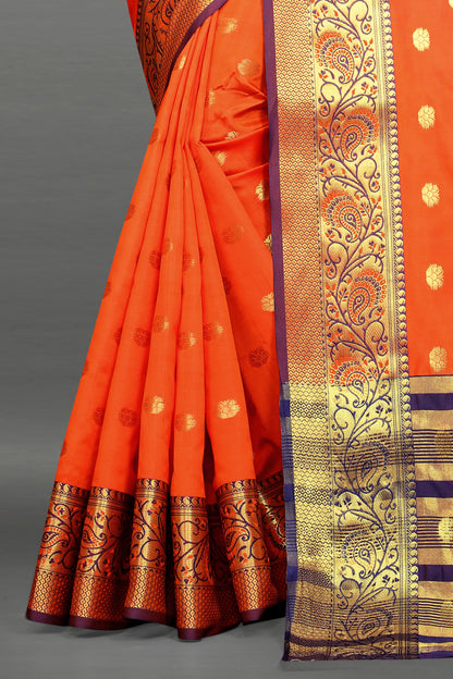Blue and Orange color banarasi silk saree
