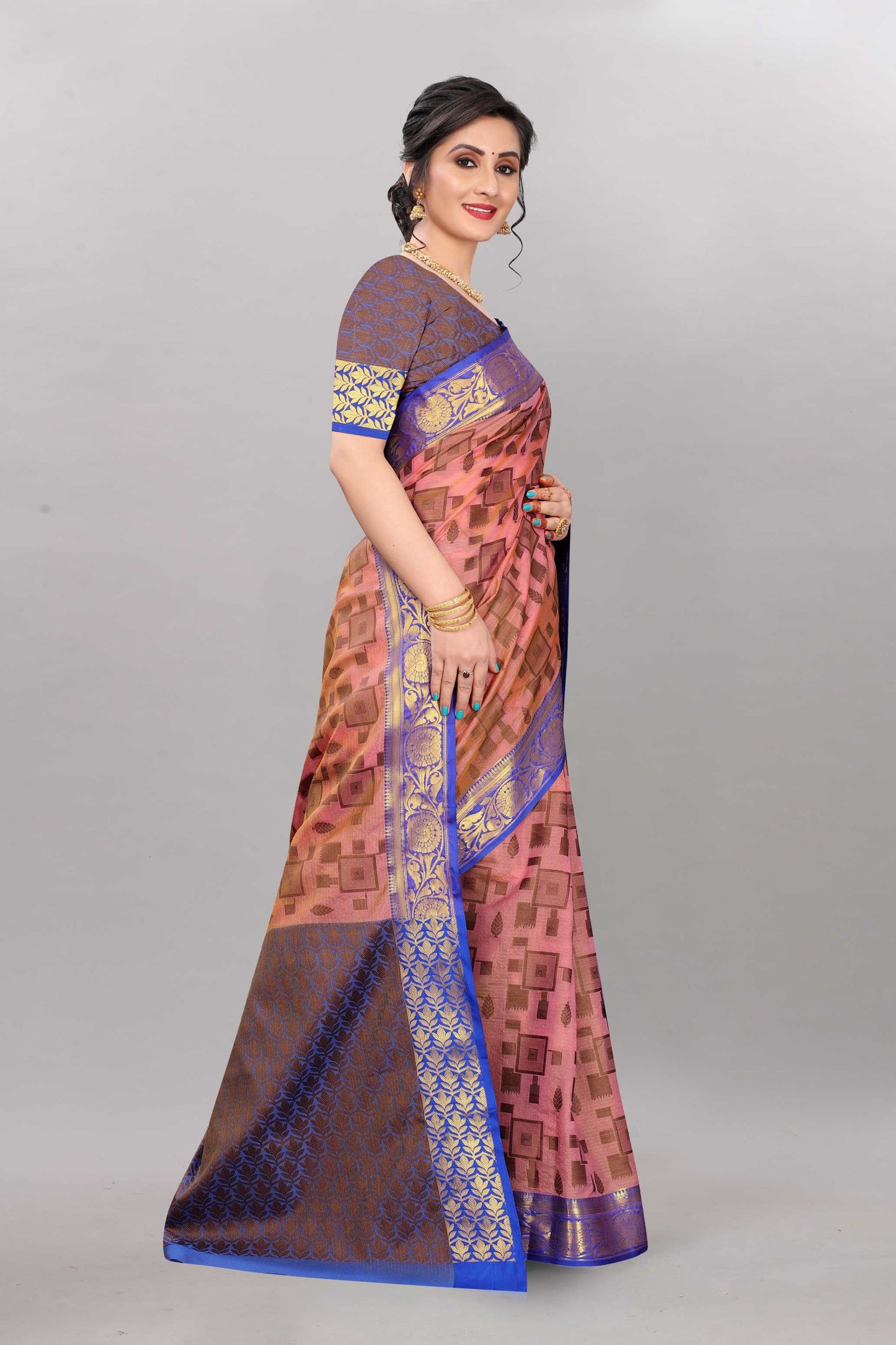 Blue and Light Pink color banarasi silk saree