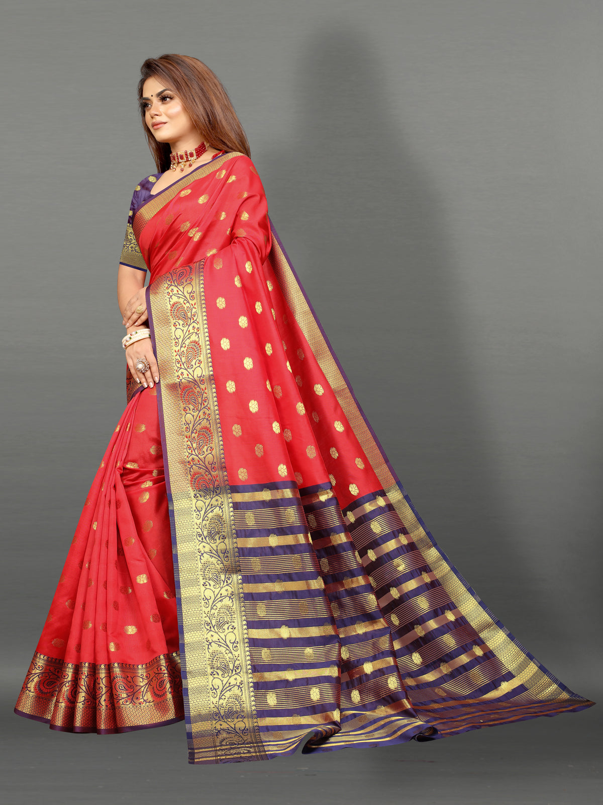 Blue and Red color banarasi silk saree - Joshindia
