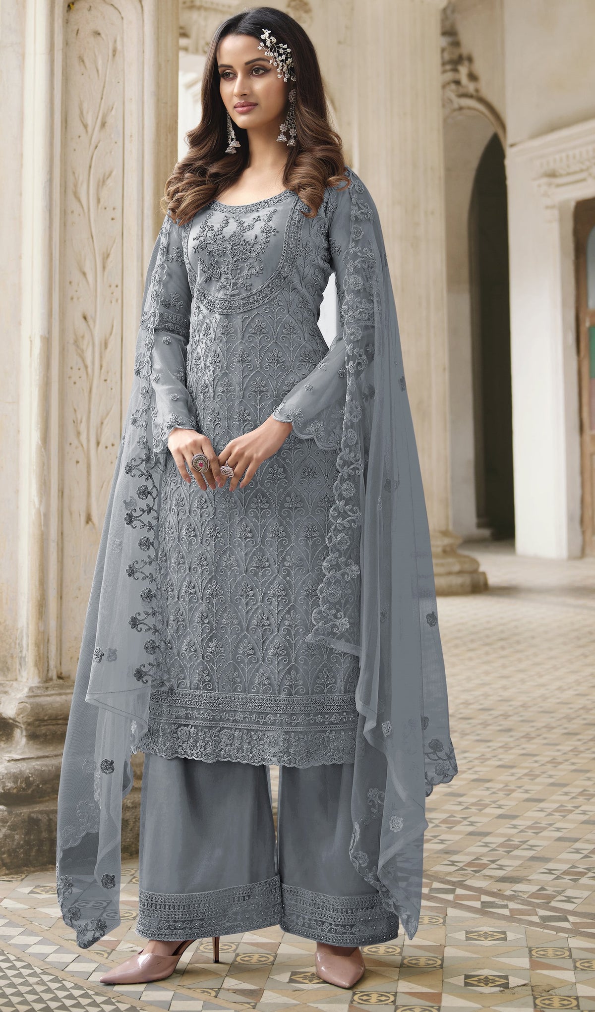 Grey Color Heavy Butterfly Net Embroided Salwar Suit - Joshindia