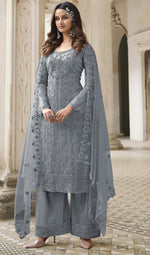 Grey Color Heavy Butterfly Net Embroided Salwar Suit - Joshindia