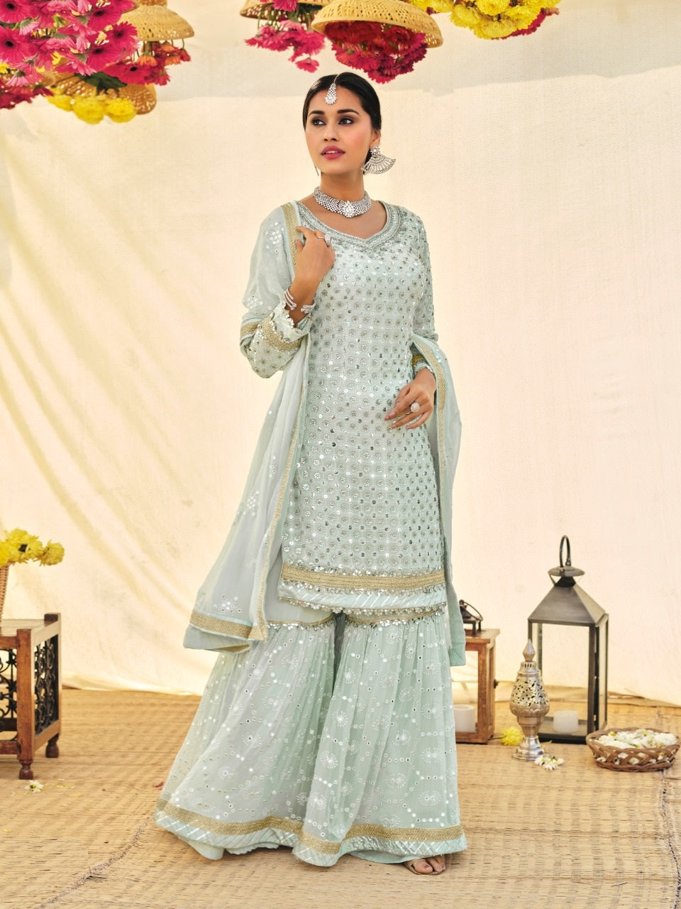 Sky Blue Color Faux Georgette Embroided Sharara suit - Joshindia