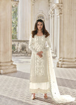 White Color Heavy Butterfly Net With Embroided & Cording Work Palazzo Suit - Joshindia