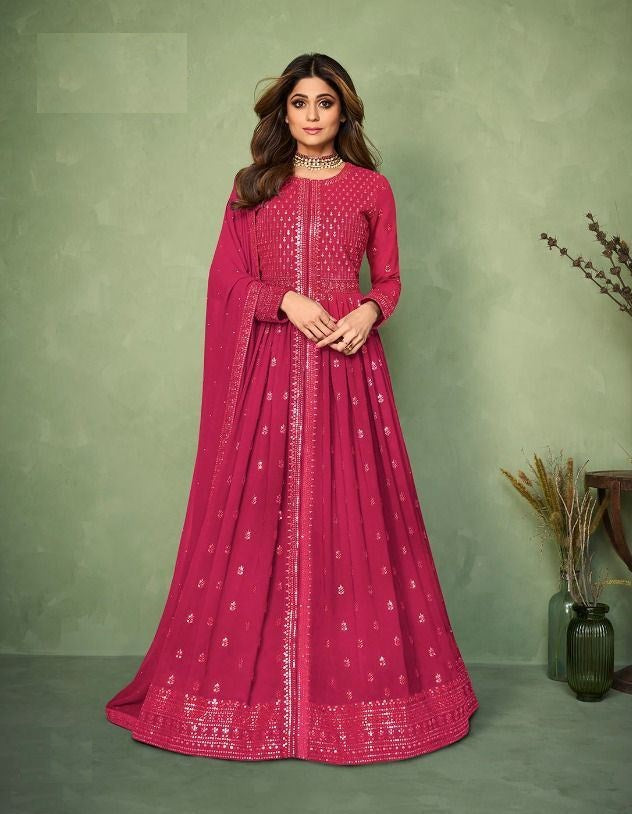 Pink Color Georgette Front and Back Embroidery Work Anarkali Suit - Joshindia