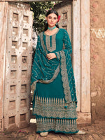 Sea Blue Color Faux Georgette With Embroidery Work Palazzo Suit - Joshindia