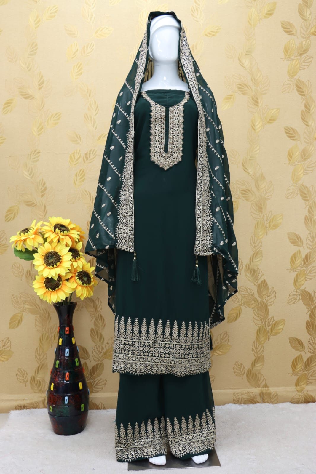 Green Color Faux Georgette With Embroidery Work Palazzo Suit - Joshindia