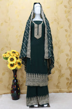 Green Color Faux Georgette With Embroidery Work Palazzo Suit - Joshindia
