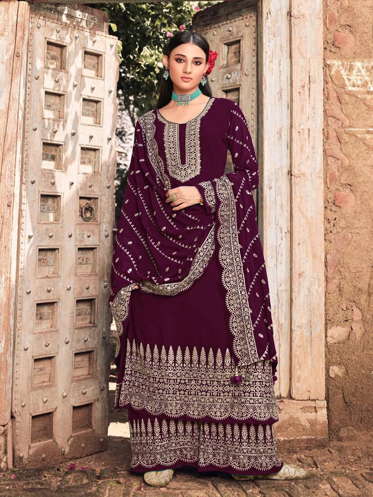 Purple Color Faux Georgette With Embroidery Work Palazzo Suit - Joshindia